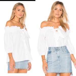 Parker off shoulder smocked ruffle cotton poplin blouse puff sleeve